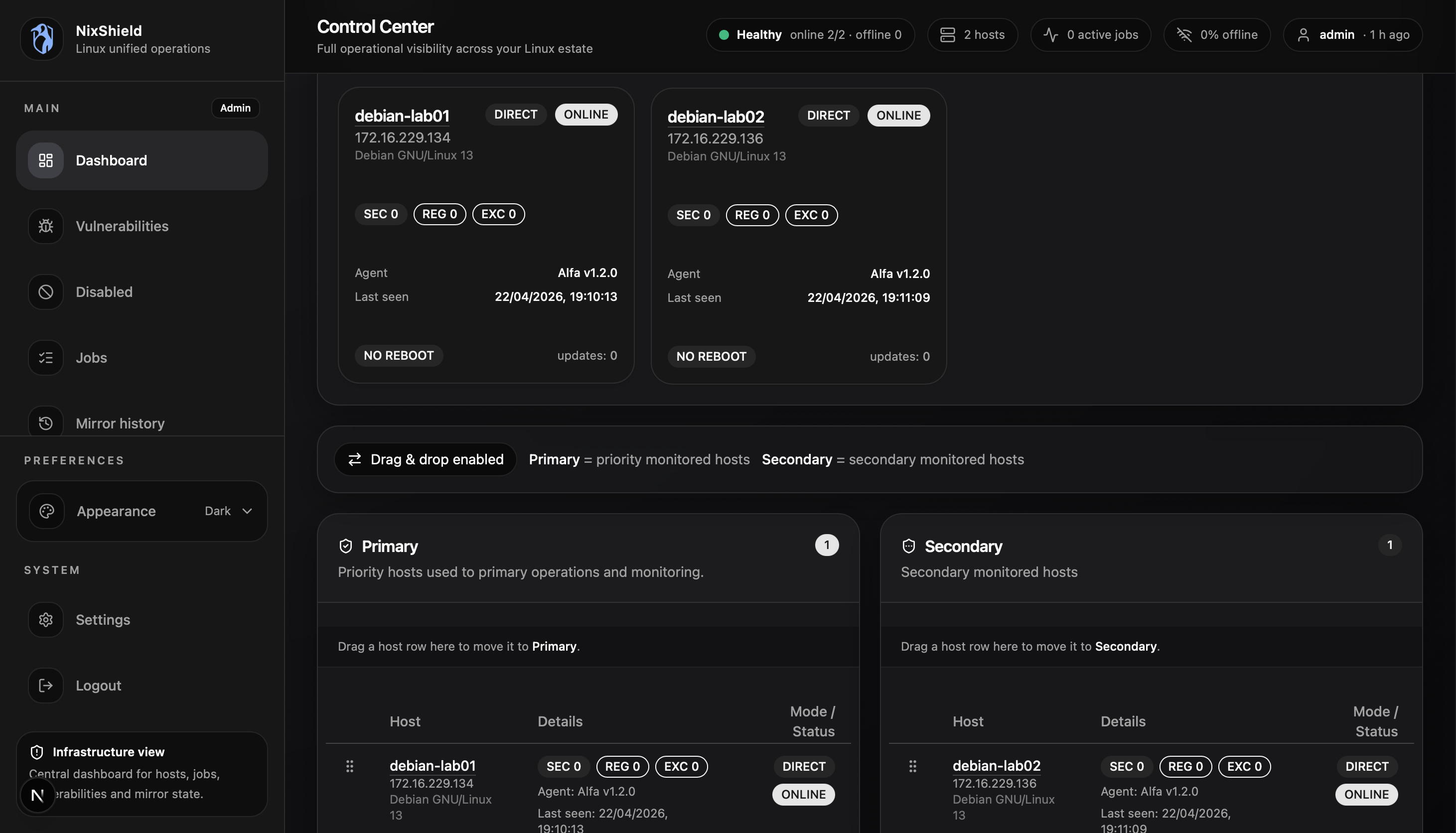 NixShield on-premise Linux patch management and vulnerability management dashboard for enterprise infrastructure